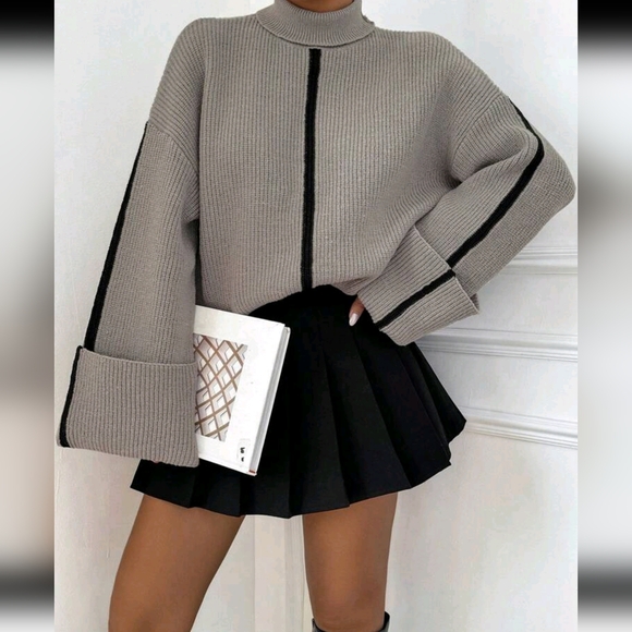 Women's Casual Contrast Color Fold Cuff Turtleneck Sweater, Autumn/ - Picture 6 of 6